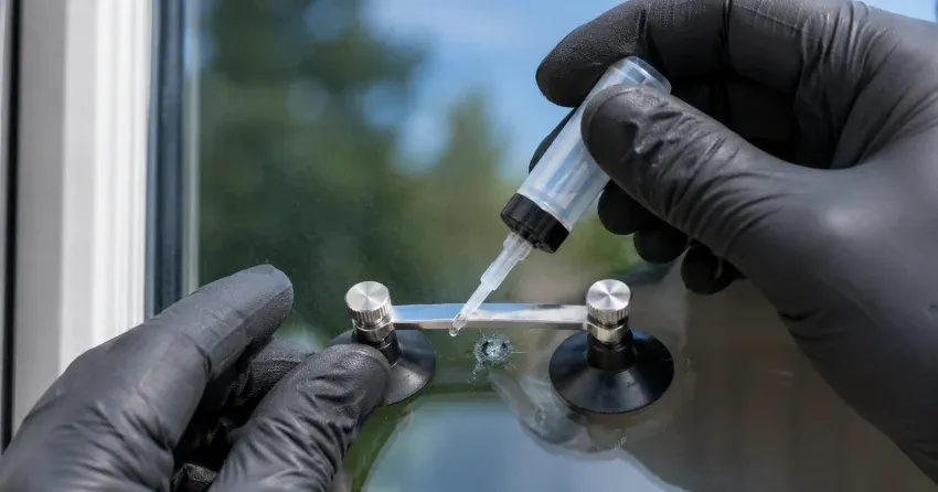 technician performing chipped glass repair on a window in Cairngorm, Mount Brydges