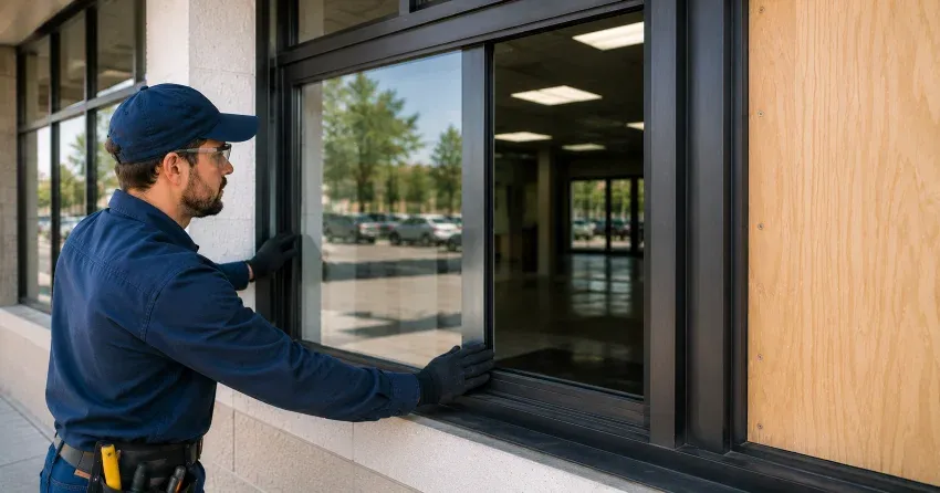 technician boarding a broken window after a break-in in Christina, Mount Brydges
