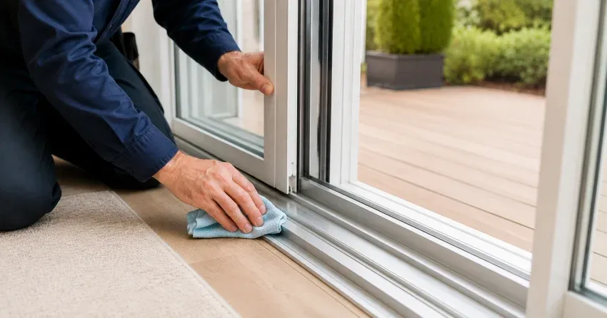 technician inspecting a sliding patio door track in Falconbridge, Mount Brydges