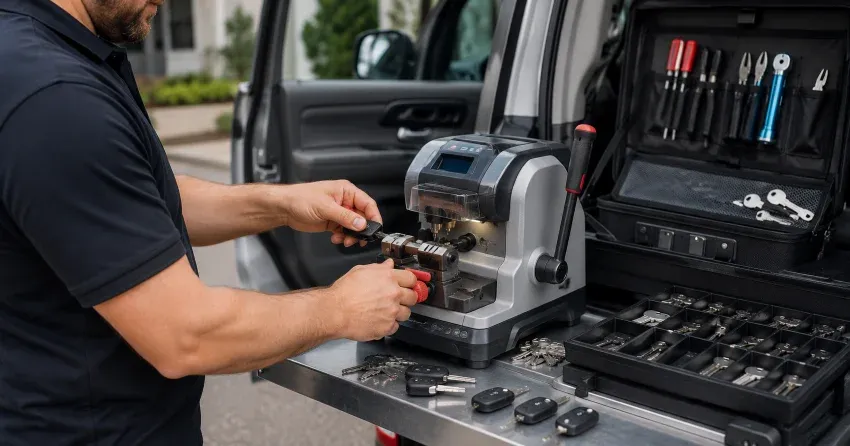 technician cutting a replacement car door lock key in Mount Brydges