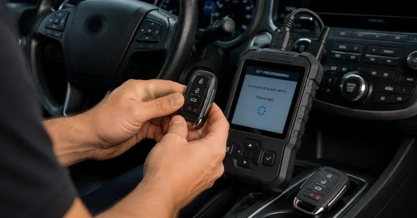 technician inspecting a worn car key before replacement in Muncey, Mount Brydges