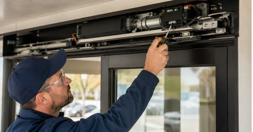 technician completing automatic door repair on residential property in Mount Brydges