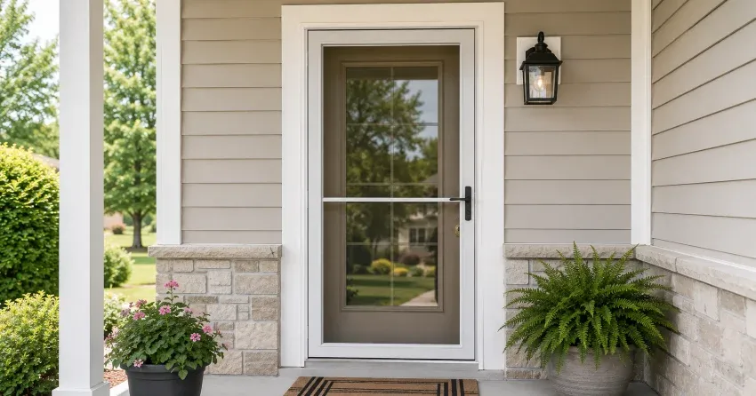 technician hanging storm door square and plumb in Falconbridge, Mount Brydges