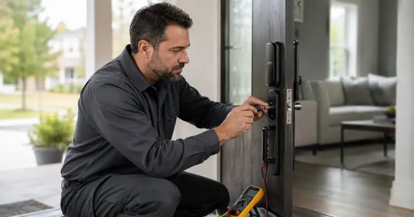 technician diagnosing automatic door lock mechanism on residential door in Cairngorm, Mount Brydges