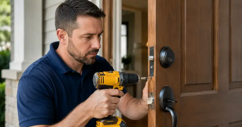 technician installing a new deadbolt during Change Door Lock Melbourne, Mount Brydges service