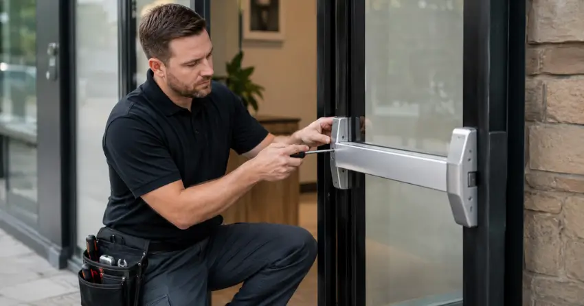 commercial locksmith repairing exit device on storefront door Mount Brydges