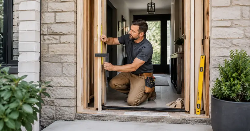 exterior door installer assessing rough opening in Mount Brydges