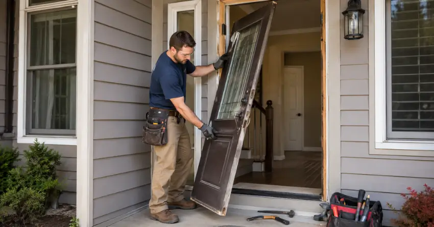 old exterior door being removed for replacement in Mount Brydges