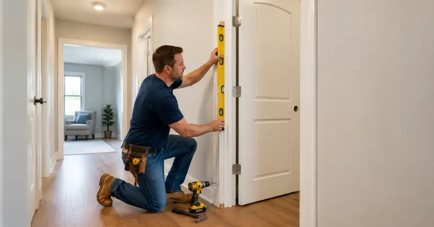 technician installing a pre-hung interior door in a home hallway Mount Brydges