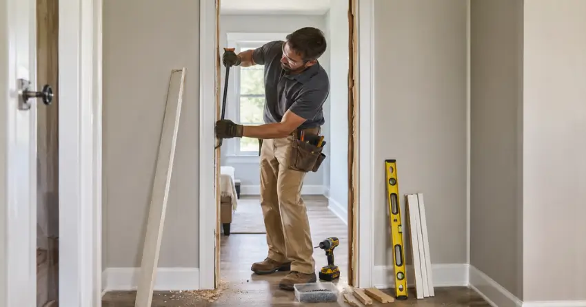 technician removing an old interior door frame during installation Mount Brydges