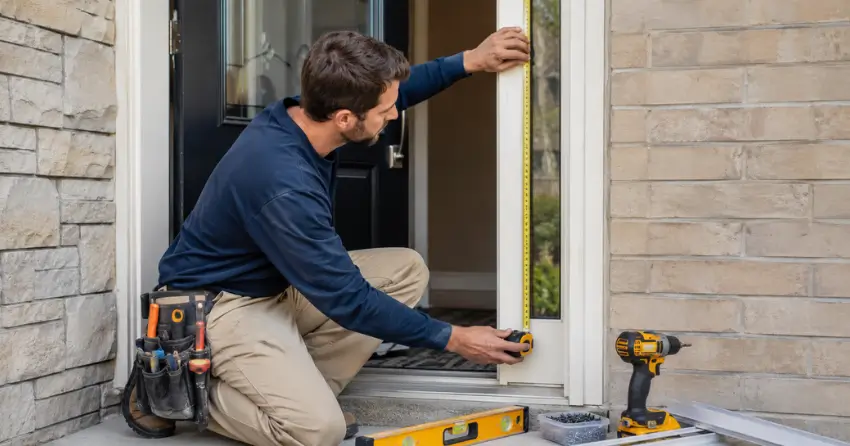 technician measuring door frame before storm door install in Muncey, Mount Brydges