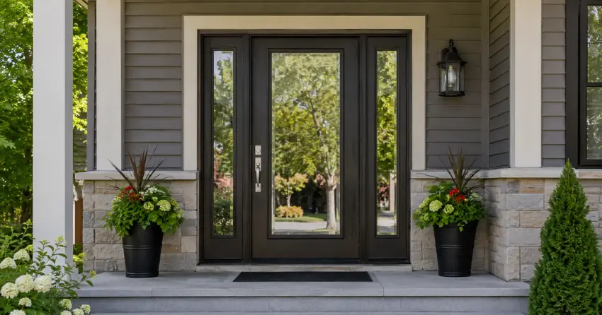 glass entry door with sidelights on a home in Mount Brydges