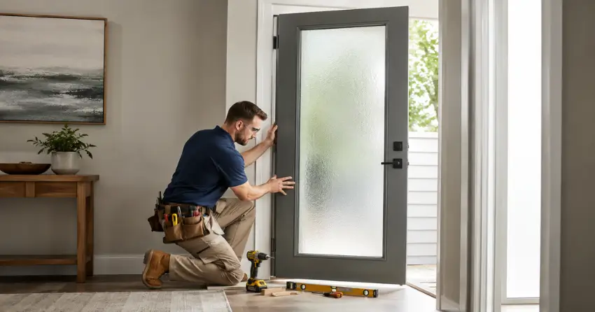 glass panel door installation with frosted privacy glass in residential setting in Mount Brydges