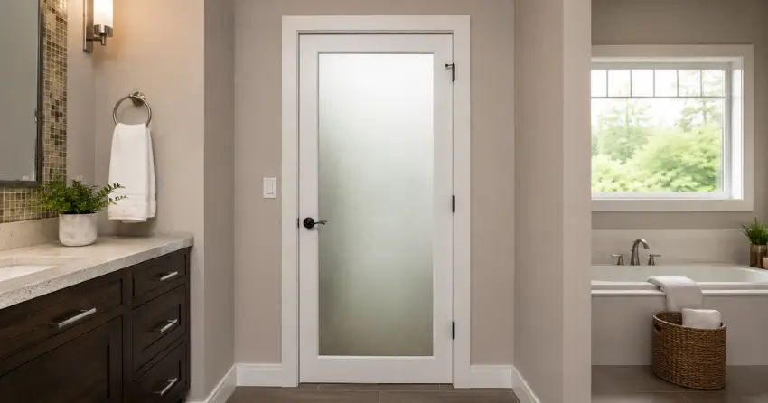frosted glass panel bathroom door installed in a Glen Oak, Mount Brydges home