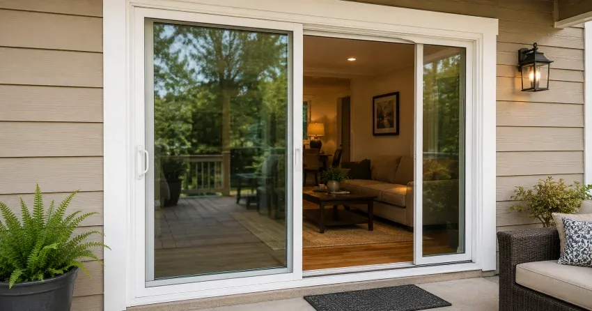Patio Door Installation technician setting a new frame in Mount Brydges