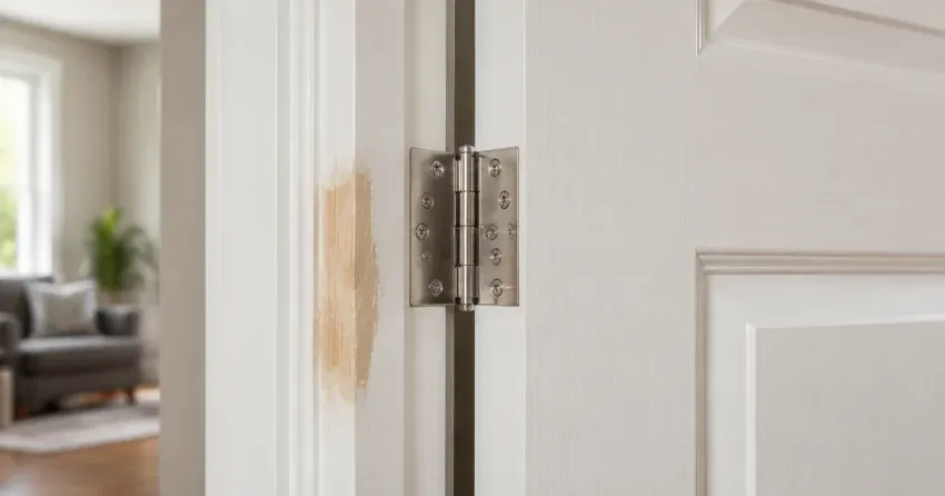 technician checking a warped door against a straightedge in Mount Brydges