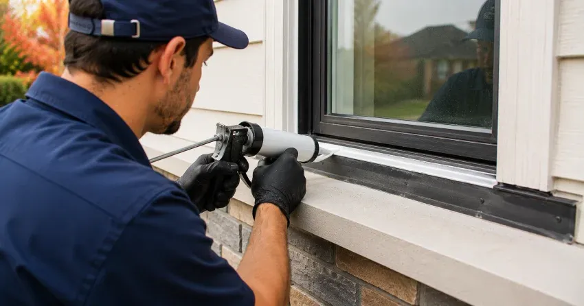 technician inspecting window flashing for leak source in Mount Brydges